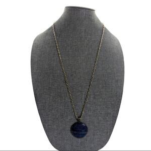 Vintage Gold Tone Chain Chunky Large Lapis Lazuli Boho Pendant Necklace 30"